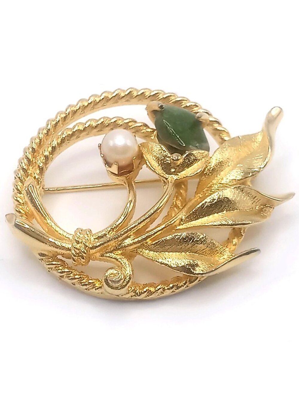 Vintage Sarah Coventry Brooch Gold-Tone Metal Pearl Jade Stone Floral Design Pin